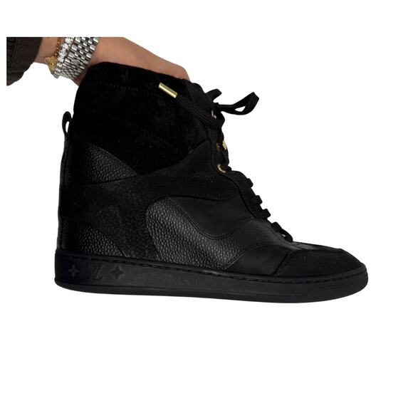 Louis Vuitton Leather Suede Monogram Cliff Top Wedge Sneaker Black Size 40 - Picture 5 of 13